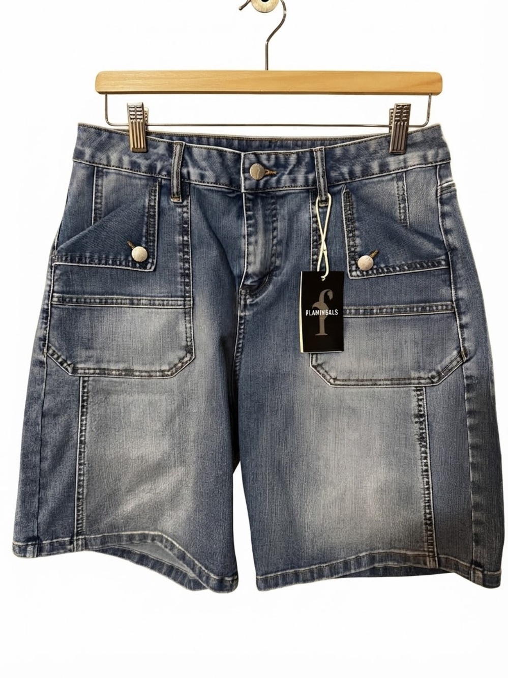 Flamingoals Washed Blue Denim Jean Shorts with Front Patch Pockets